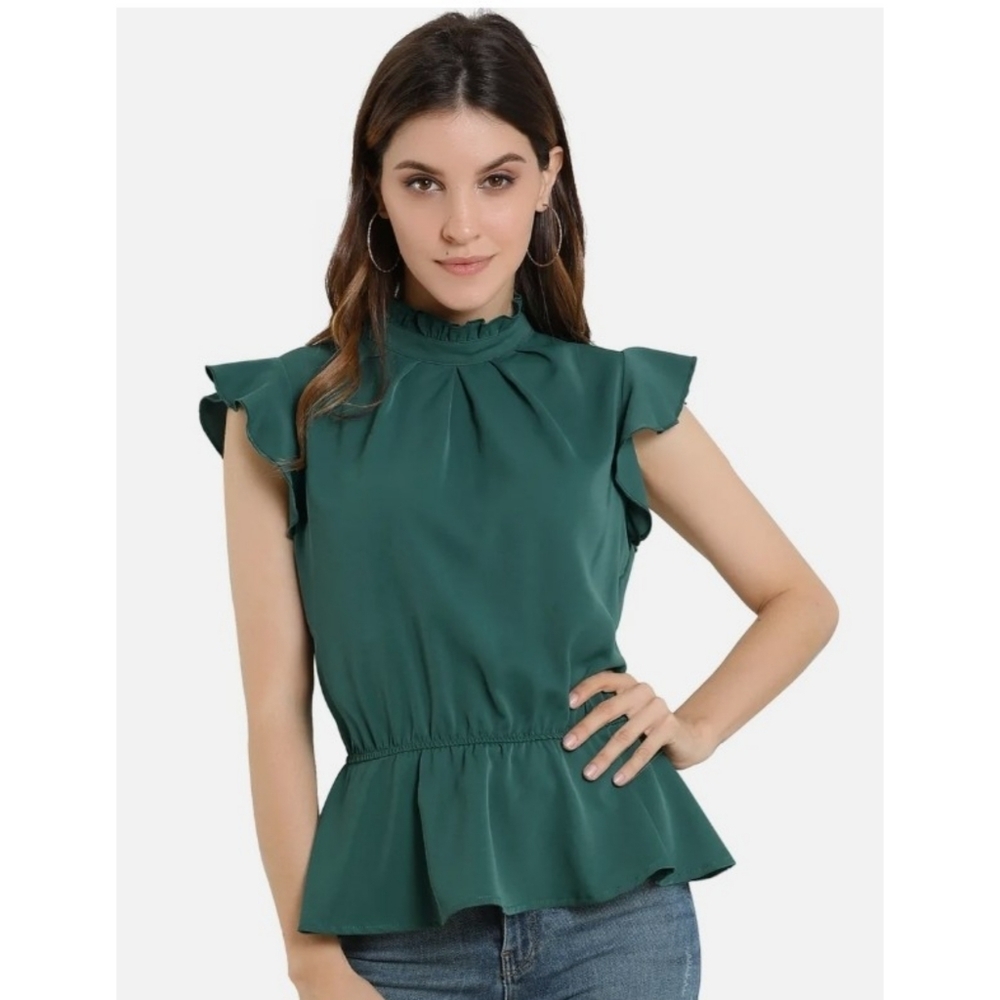 Allegra K Ruffle Sleeve Pleated Frill Collar Peplum top Dark Green Size L
